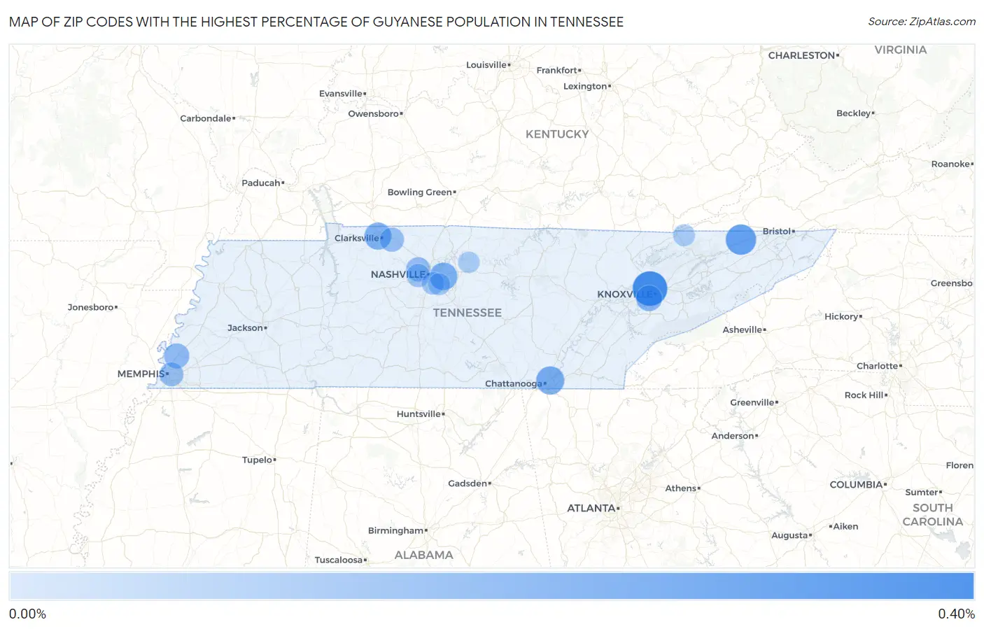 Zip Codes with the Highest Percentage of Guyanese Population in Tennessee Map