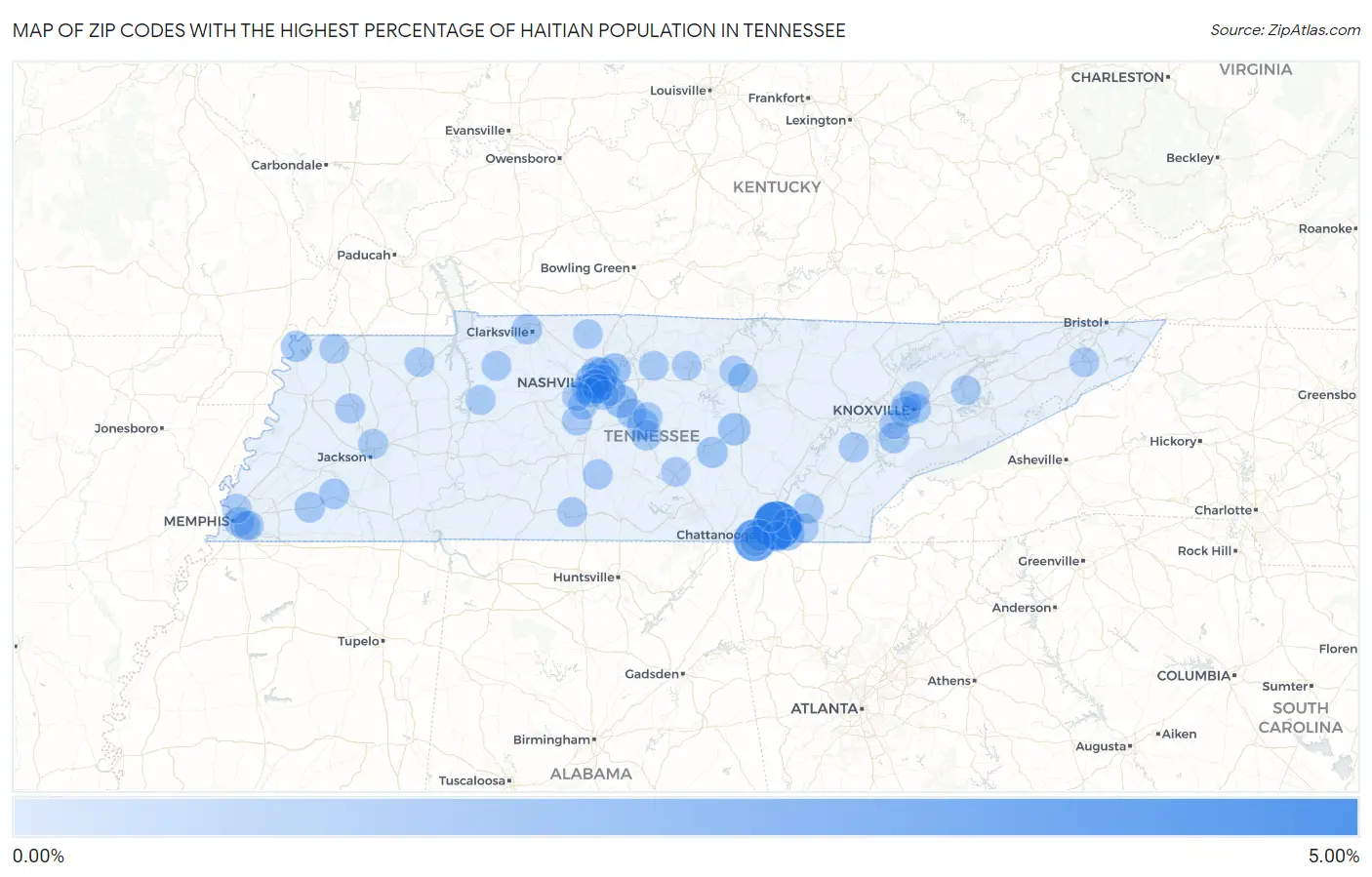 Zip Codes with the Highest Percentage of Haitian Population in Tennessee Map