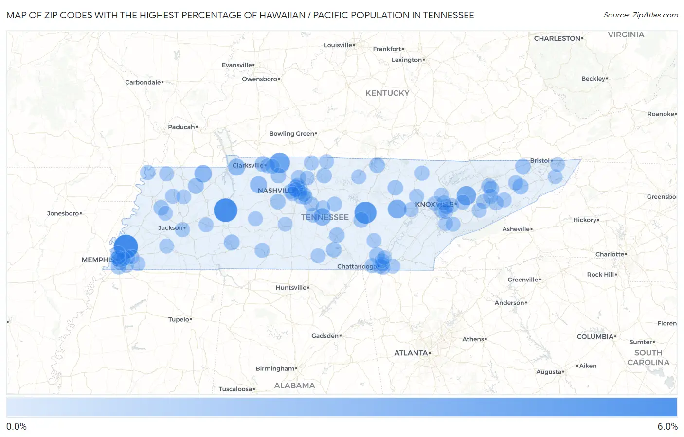Zip Codes with the Highest Percentage of Hawaiian / Pacific Population in Tennessee Map