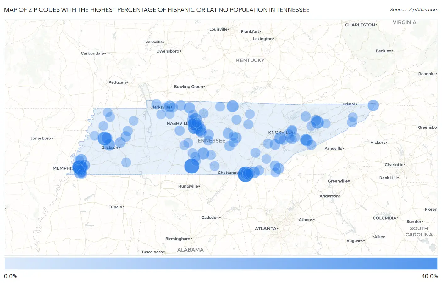 Zip Codes with the Highest Percentage of Hispanic or Latino Population in Tennessee Map