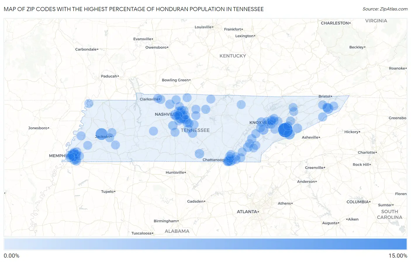 Zip Codes with the Highest Percentage of Honduran Population in Tennessee Map