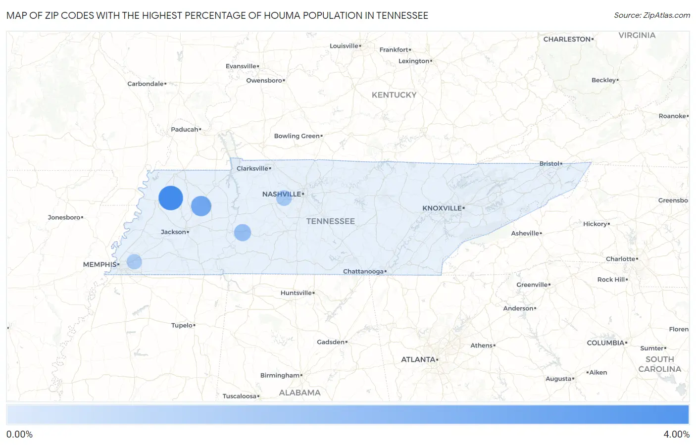 Zip Codes with the Highest Percentage of Houma Population in Tennessee Map