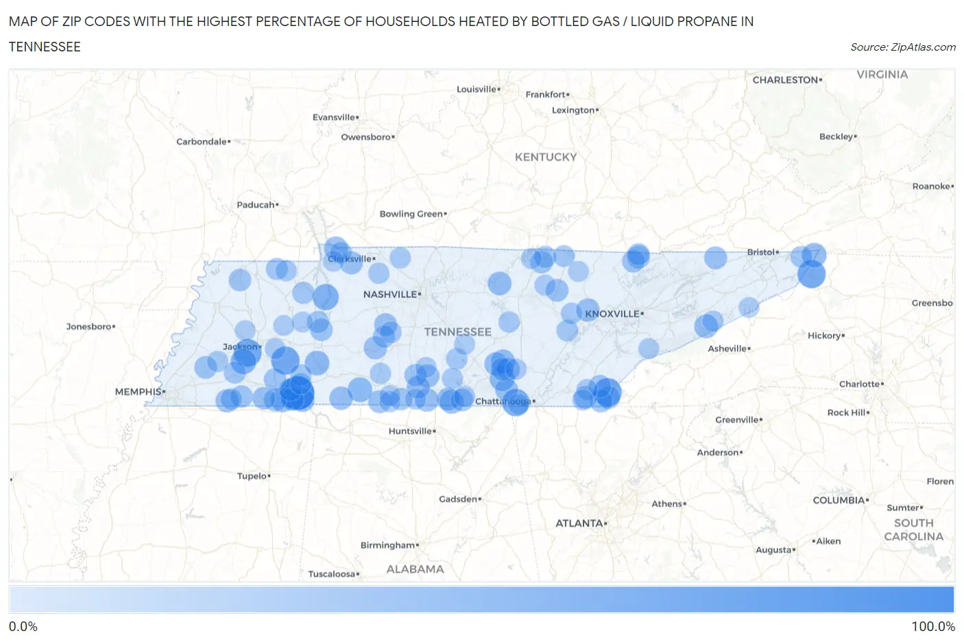 Zip Codes with the Highest Percentage of Households Heated by Bottled Gas / Liquid Propane in Tennessee Map