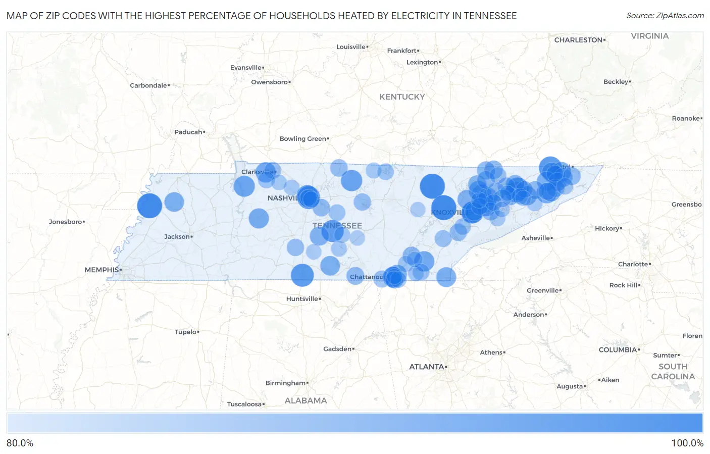 Zip Codes with the Highest Percentage of Households Heated by Electricity in Tennessee Map