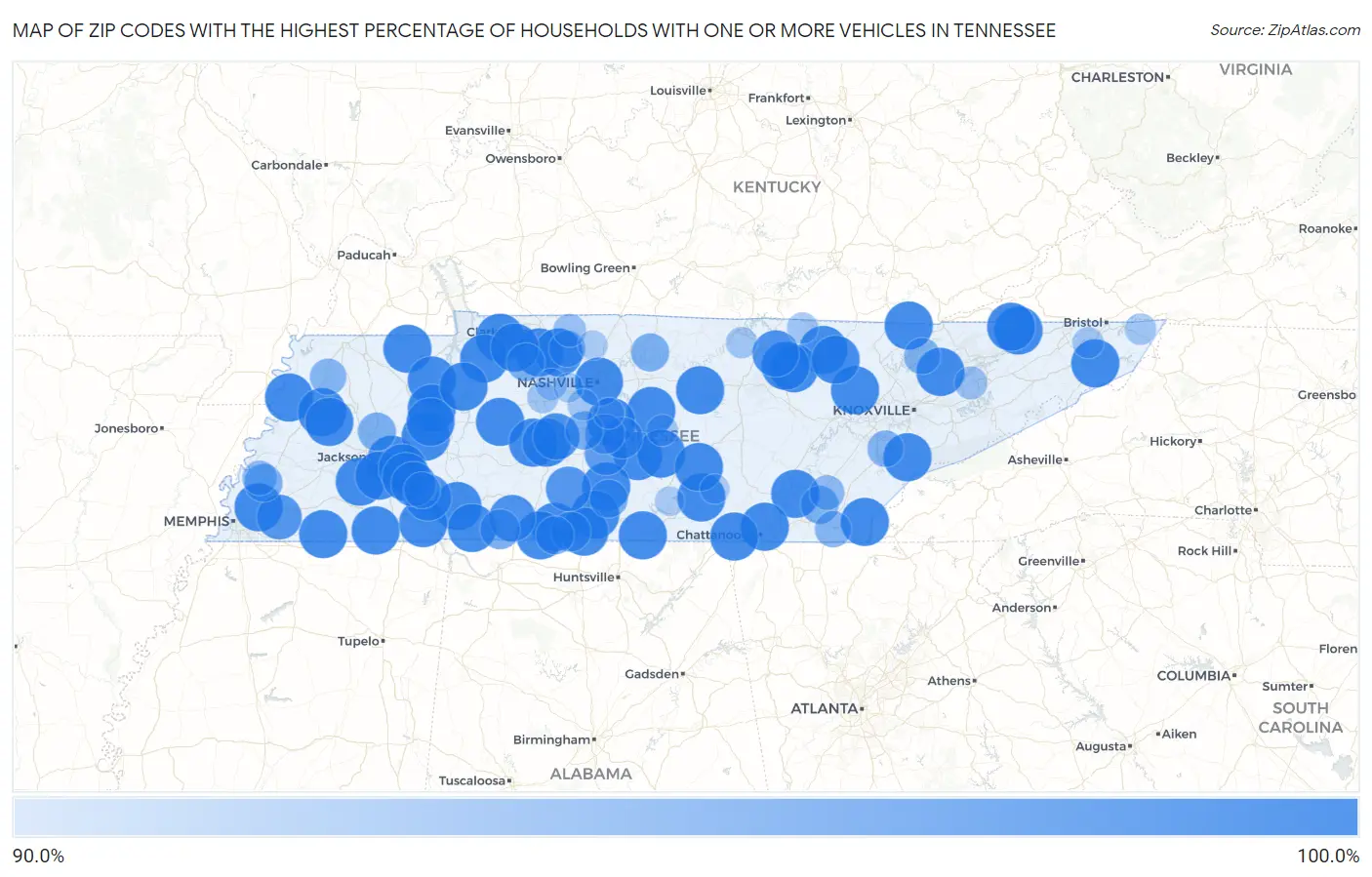 Zip Codes with the Highest Percentage of Households With One or more Vehicles in Tennessee Map
