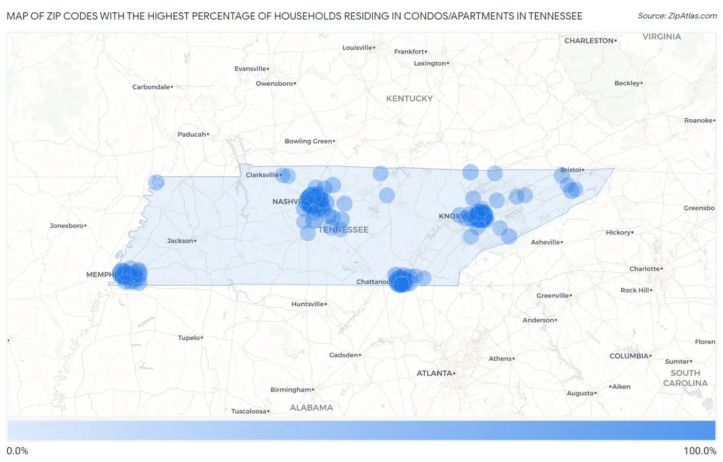 Zip Codes with the Highest Percentage of Households Residing in Condos/Apartments in Tennessee Map