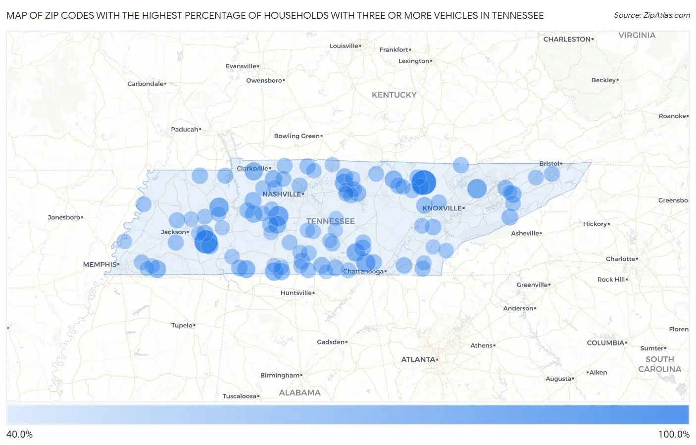 Zip Codes with the Highest Percentage of Households With Three or more Vehicles in Tennessee Map