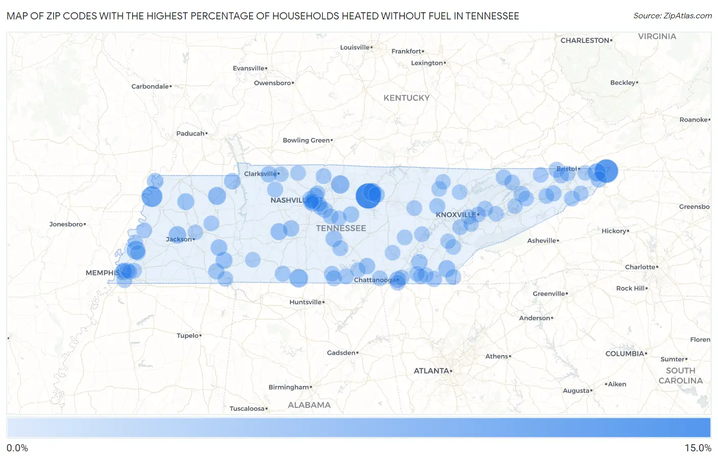 Zip Codes with the Highest Percentage of Households Heated without Fuel in Tennessee Map