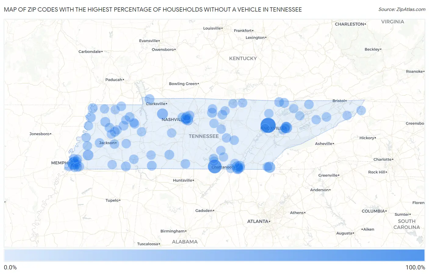 Zip Codes with the Highest Percentage of Households Without a Vehicle in Tennessee Map