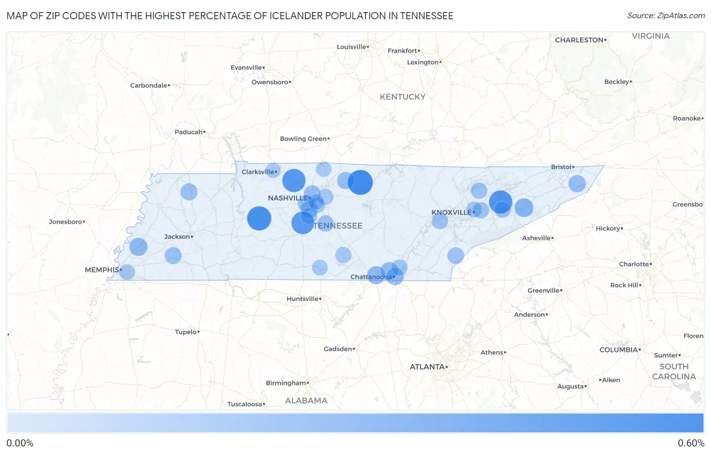 Zip Codes with the Highest Percentage of Icelander Population in Tennessee Map