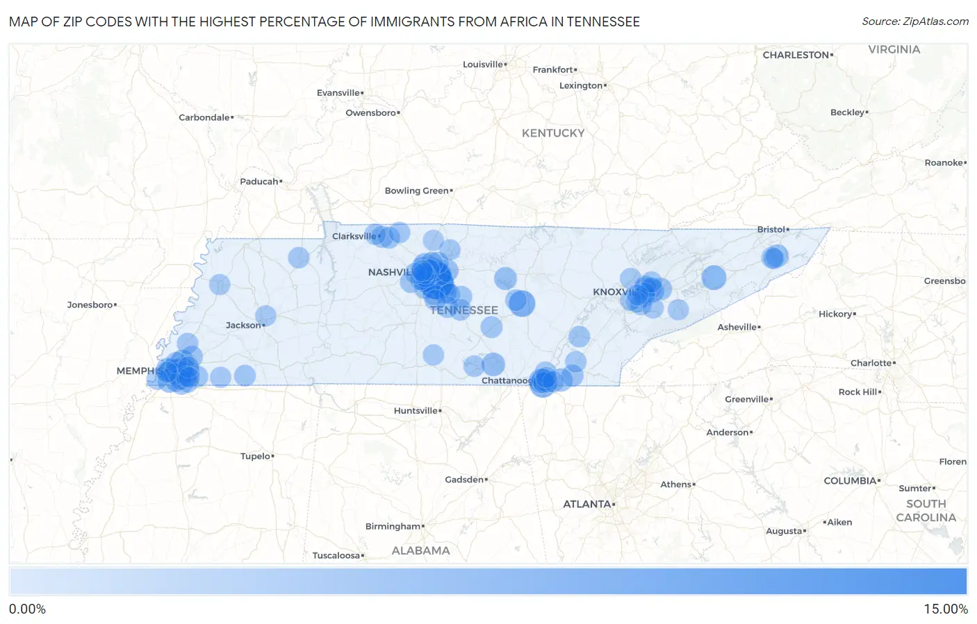 Zip Codes with the Highest Percentage of Immigrants from Africa in Tennessee Map