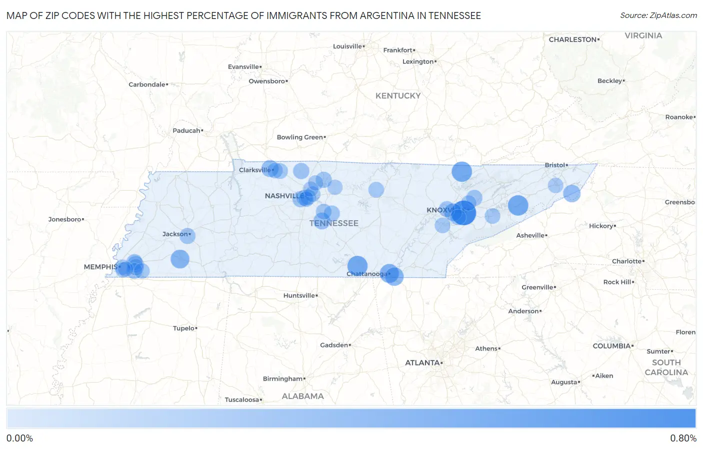 Zip Codes with the Highest Percentage of Immigrants from Argentina in Tennessee Map