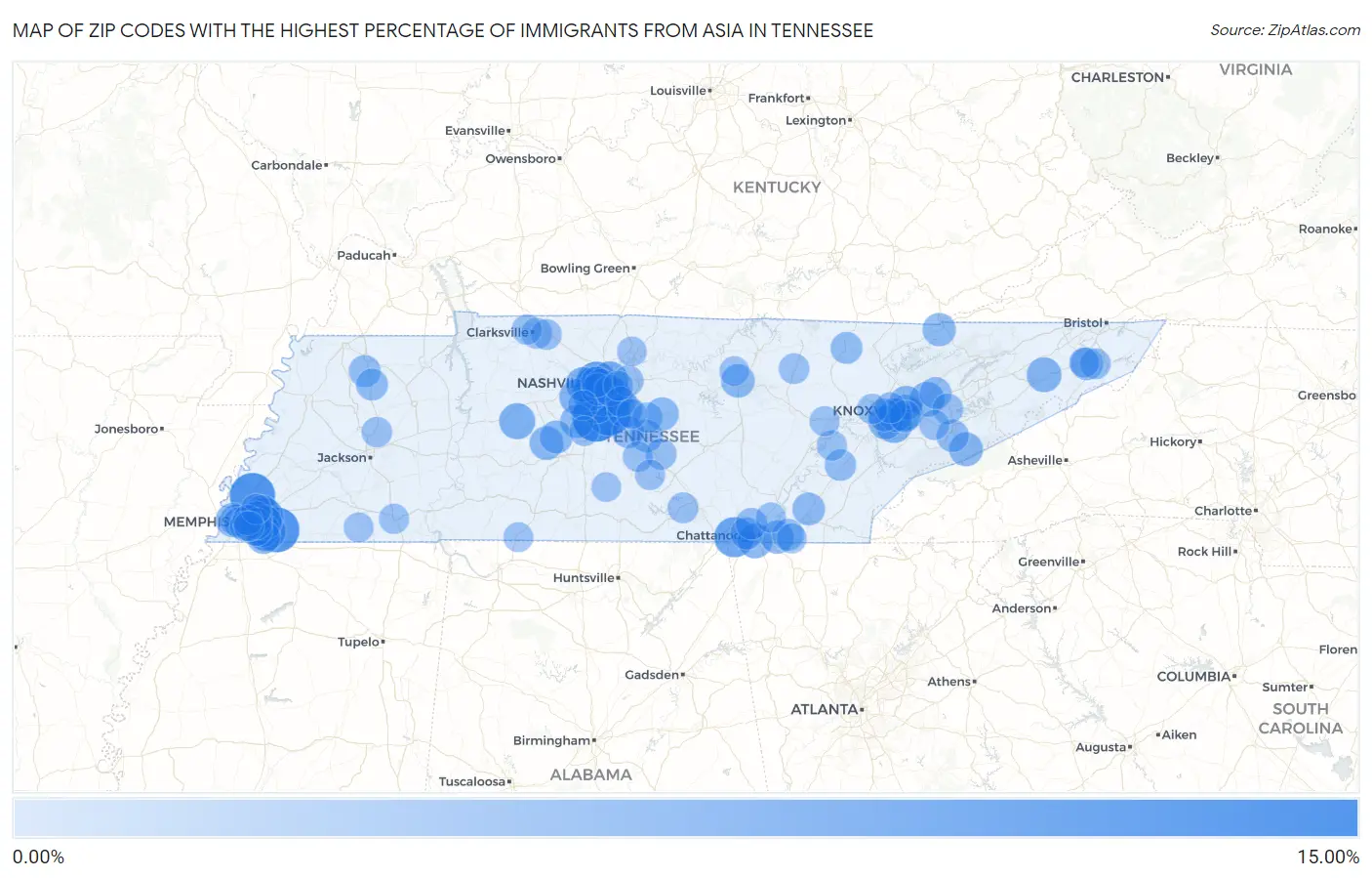 Zip Codes with the Highest Percentage of Immigrants from Asia in Tennessee Map