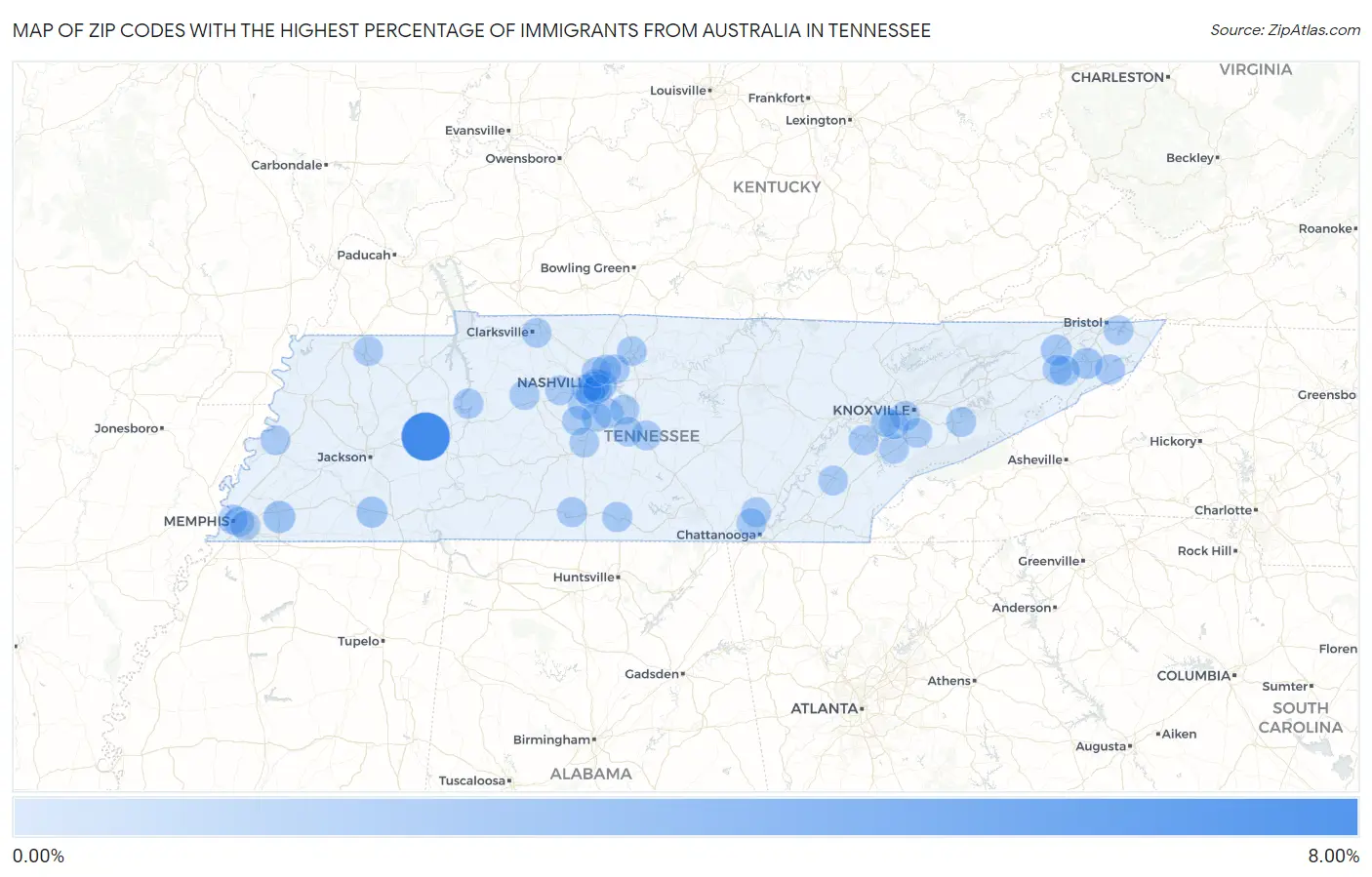 Zip Codes with the Highest Percentage of Immigrants from Australia in Tennessee Map