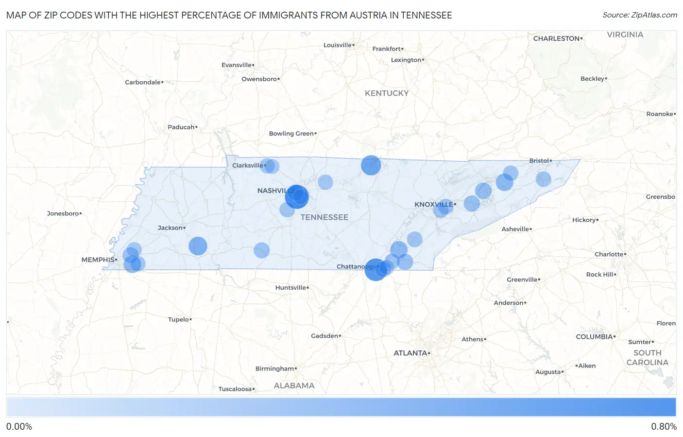 Zip Codes with the Highest Percentage of Immigrants from Austria in Tennessee Map