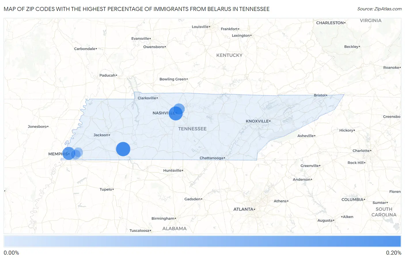 Zip Codes with the Highest Percentage of Immigrants from Belarus in Tennessee Map