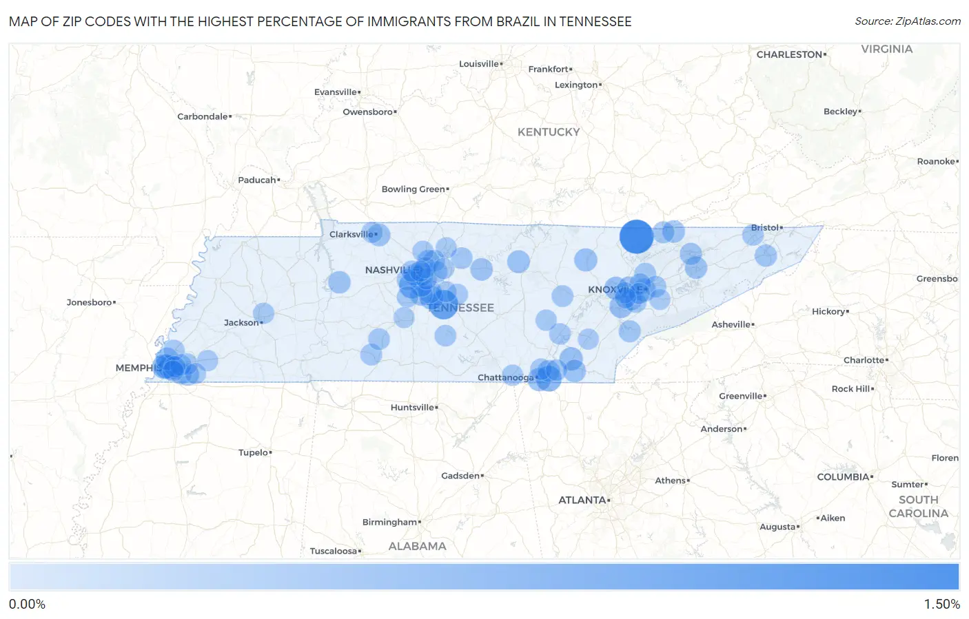Zip Codes with the Highest Percentage of Immigrants from Brazil in Tennessee Map