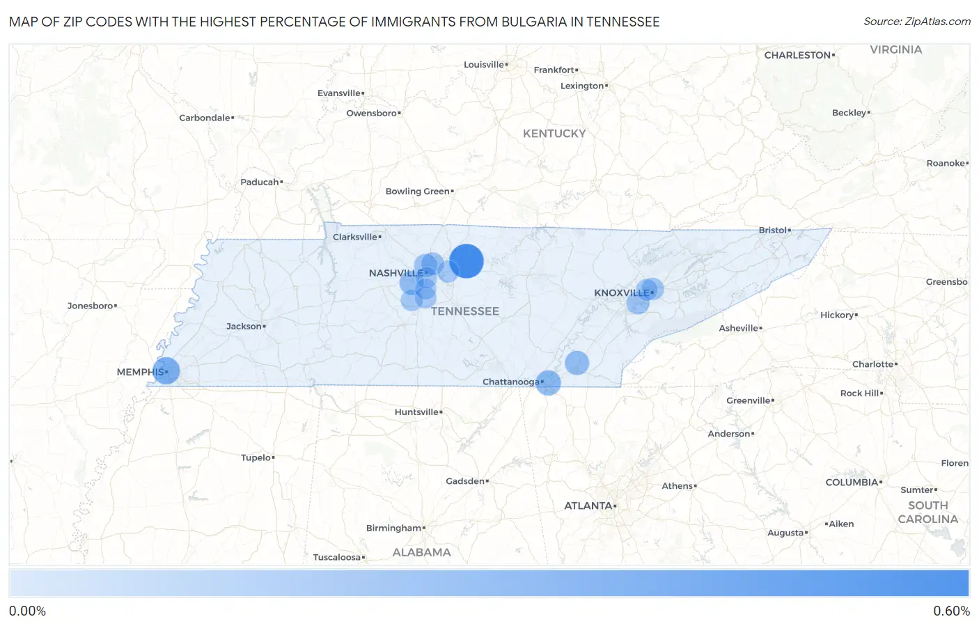 Zip Codes with the Highest Percentage of Immigrants from Bulgaria in Tennessee Map