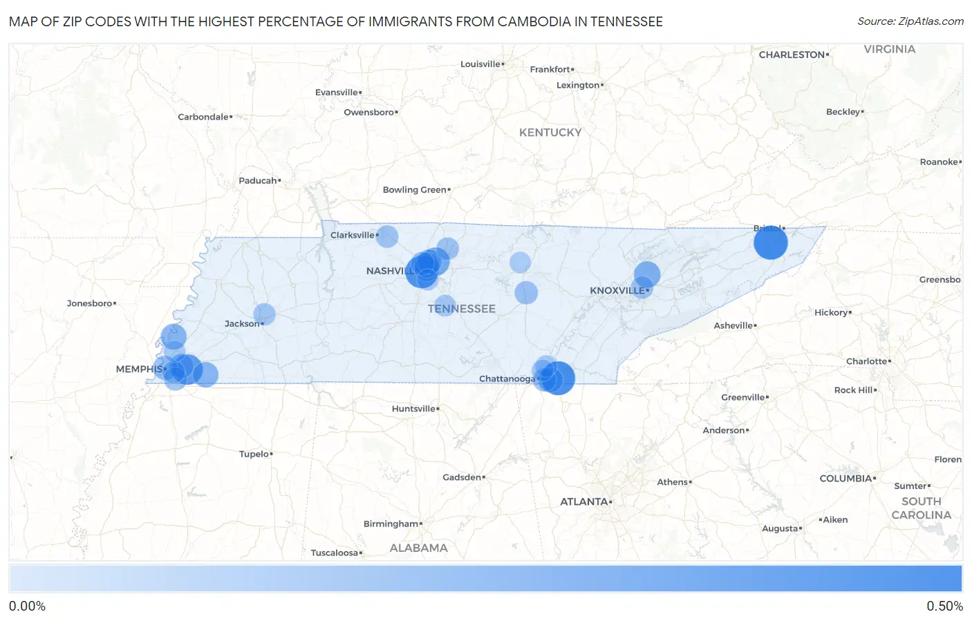 Zip Codes with the Highest Percentage of Immigrants from Cambodia in Tennessee Map
