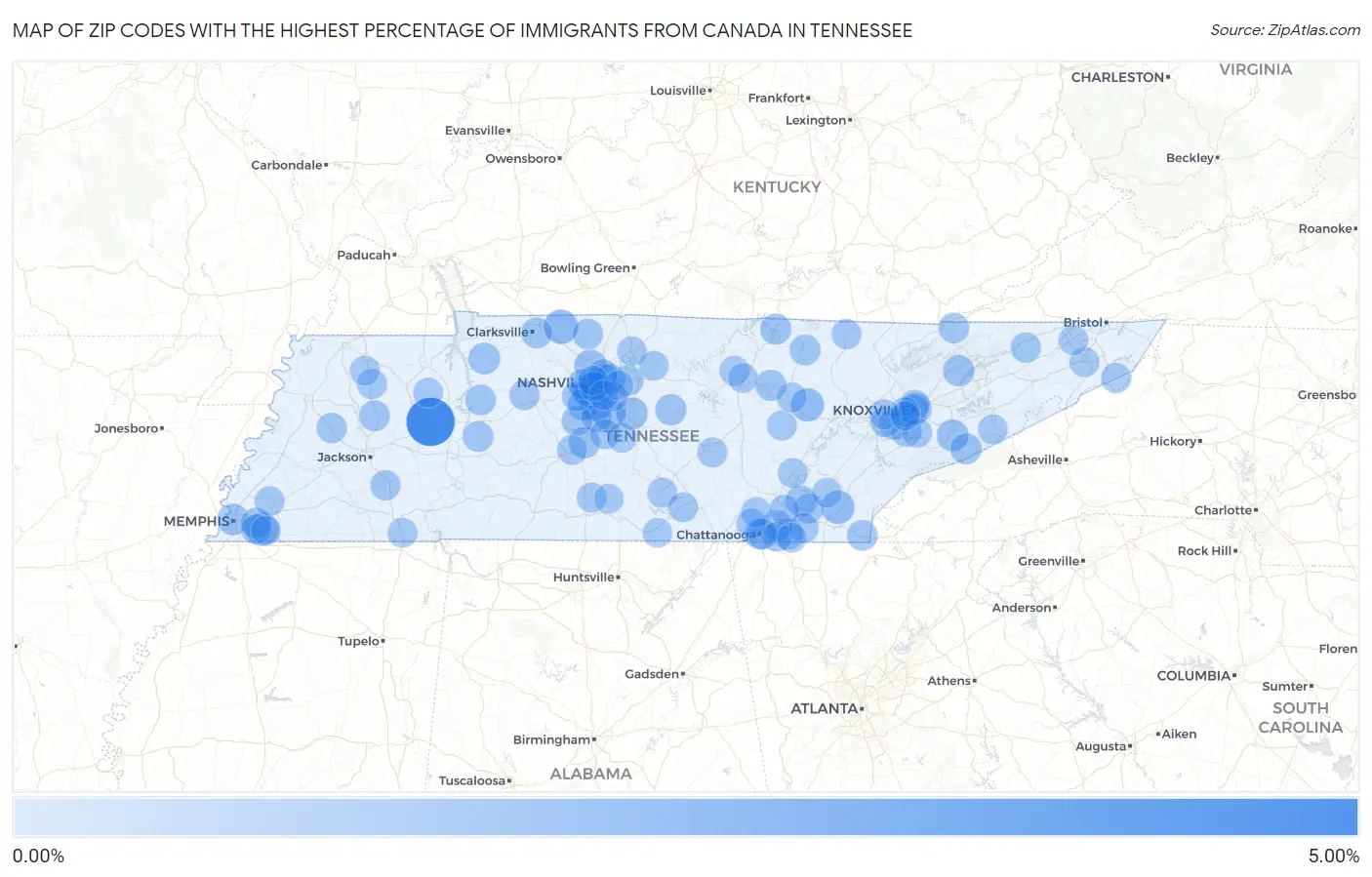 Zip Codes with the Highest Percentage of Immigrants from Canada in Tennessee Map