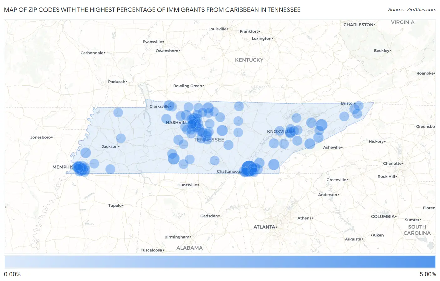 Zip Codes with the Highest Percentage of Immigrants from Caribbean in Tennessee Map
