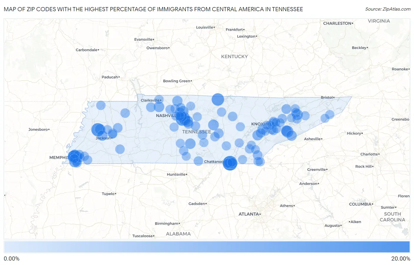 Zip Codes with the Highest Percentage of Immigrants from Central America in Tennessee Map