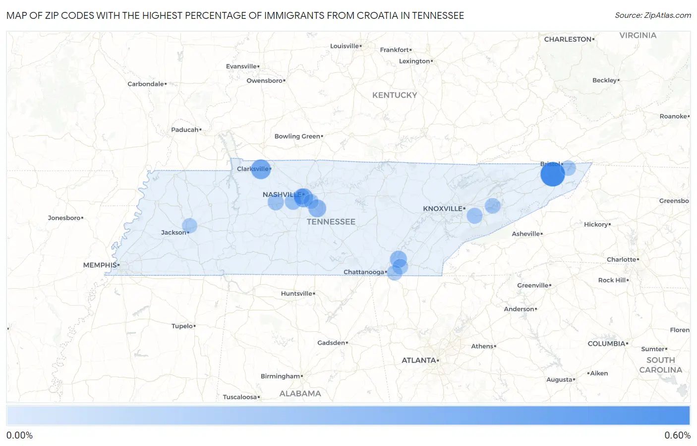 Zip Codes with the Highest Percentage of Immigrants from Croatia in Tennessee Map