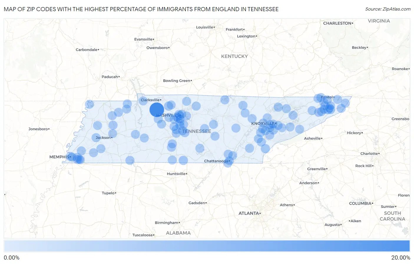 Zip Codes with the Highest Percentage of Immigrants from England in Tennessee Map