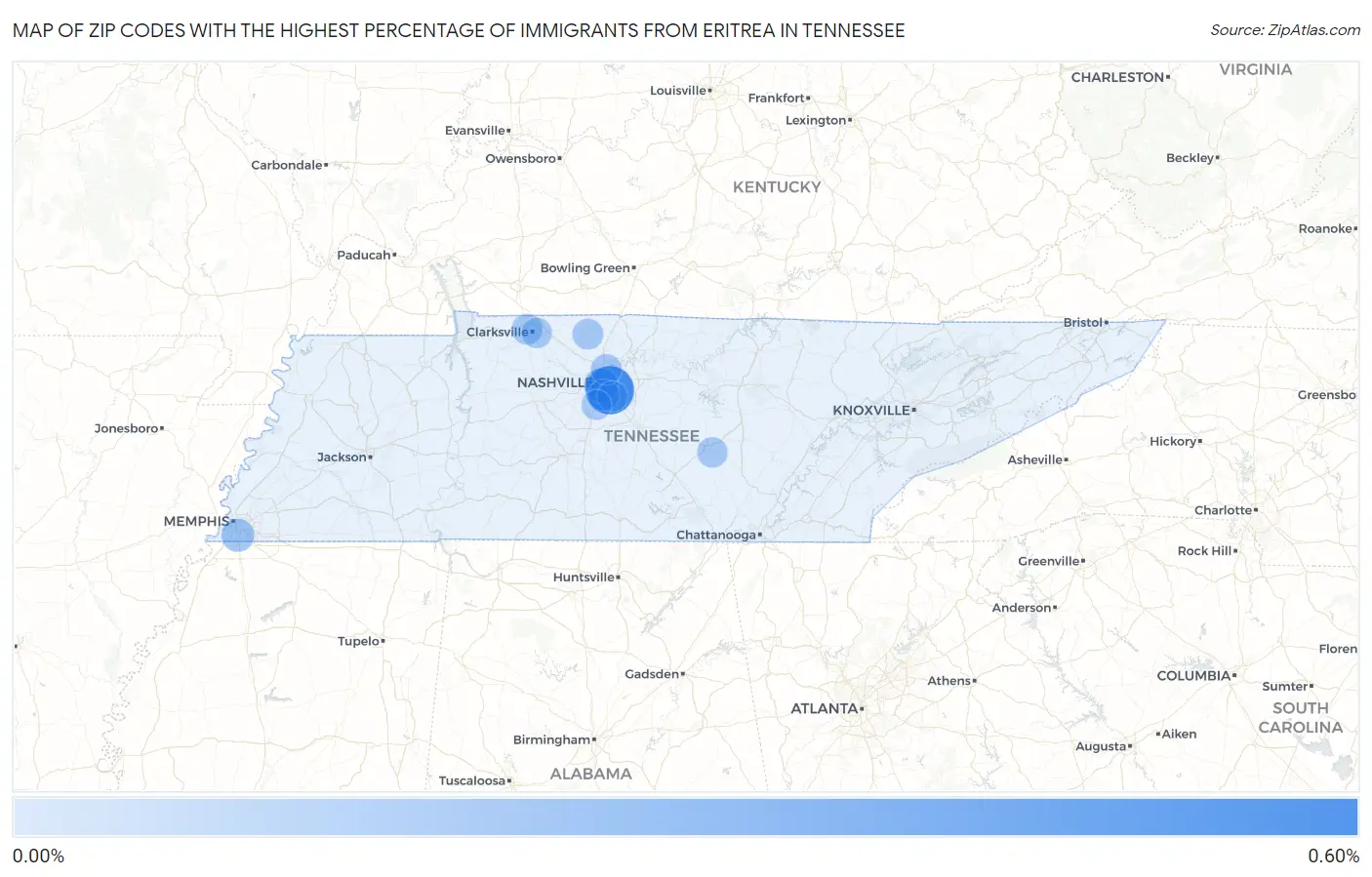 Zip Codes with the Highest Percentage of Immigrants from Eritrea in Tennessee Map
