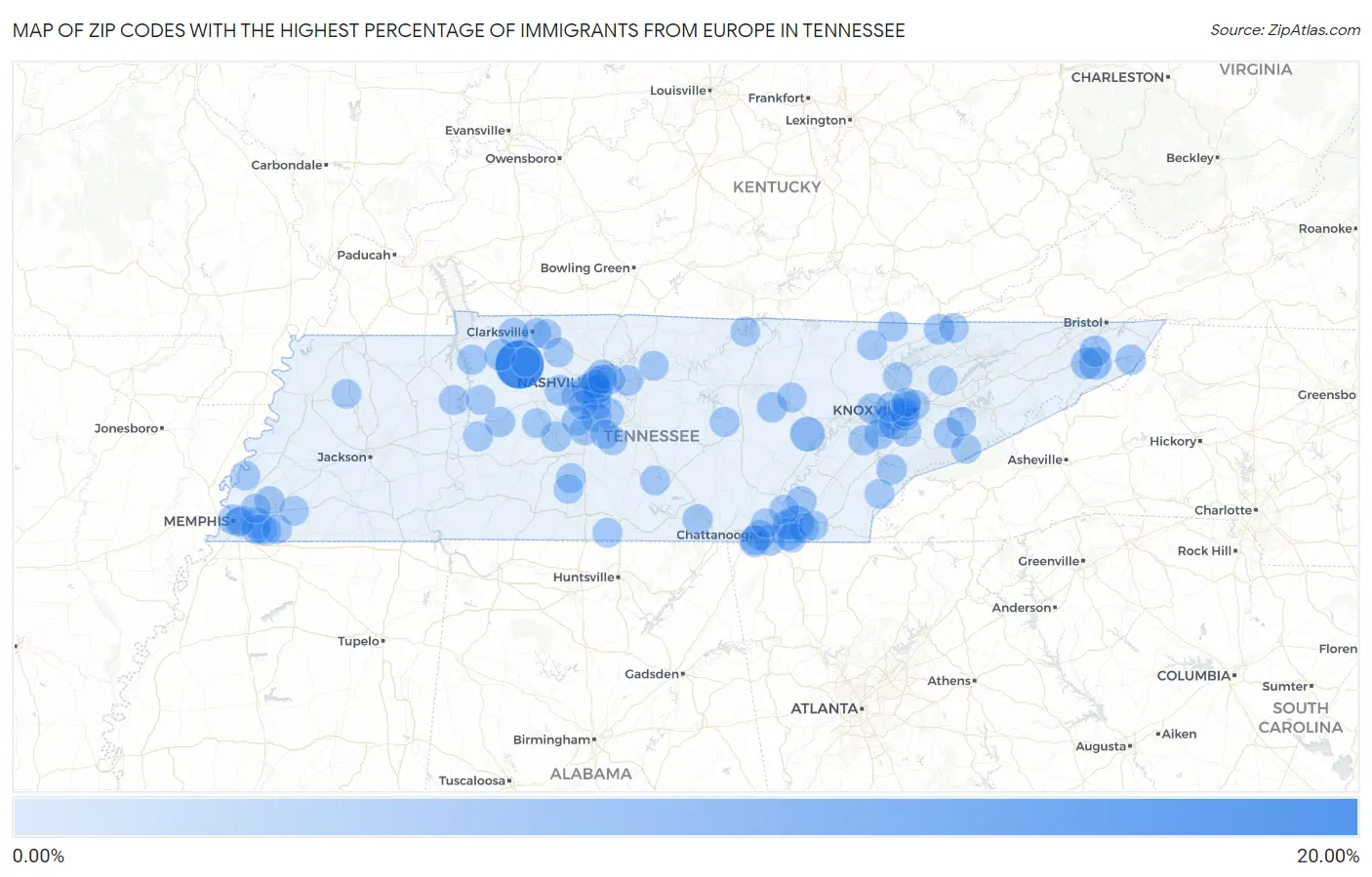 Zip Codes with the Highest Percentage of Immigrants from Europe in Tennessee Map