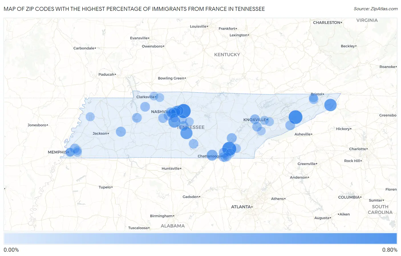 Zip Codes with the Highest Percentage of Immigrants from France in Tennessee Map