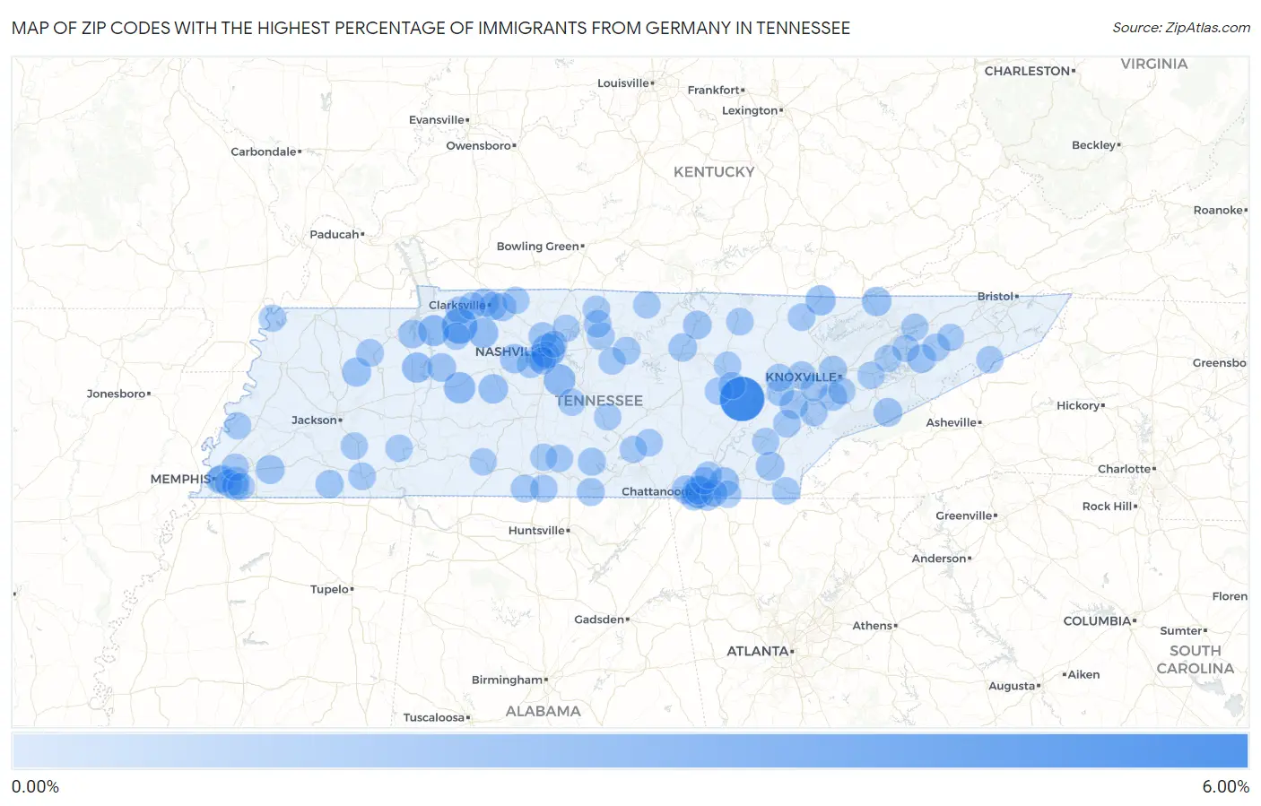 Zip Codes with the Highest Percentage of Immigrants from Germany in Tennessee Map