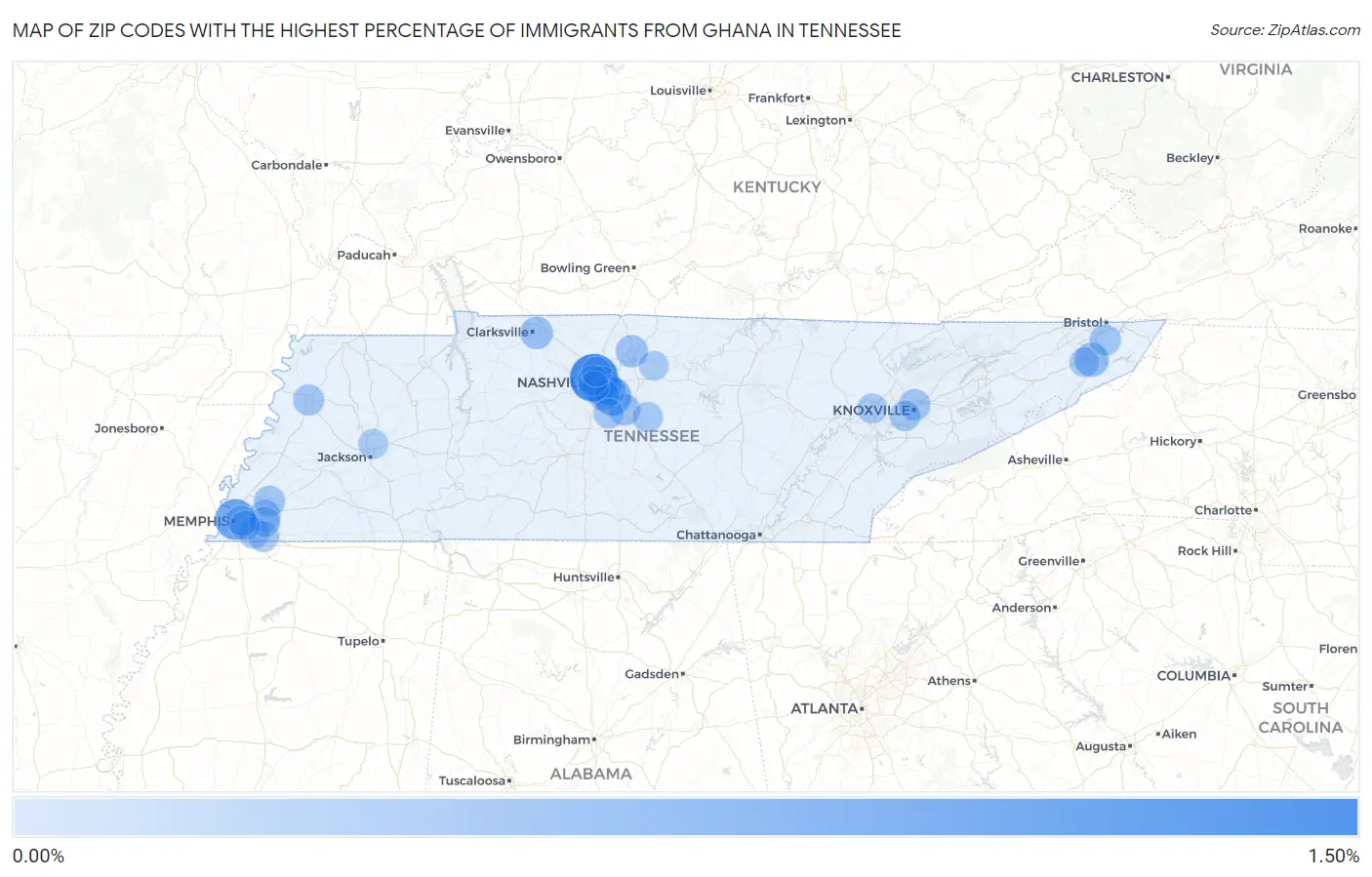 Zip Codes with the Highest Percentage of Immigrants from Ghana in Tennessee Map