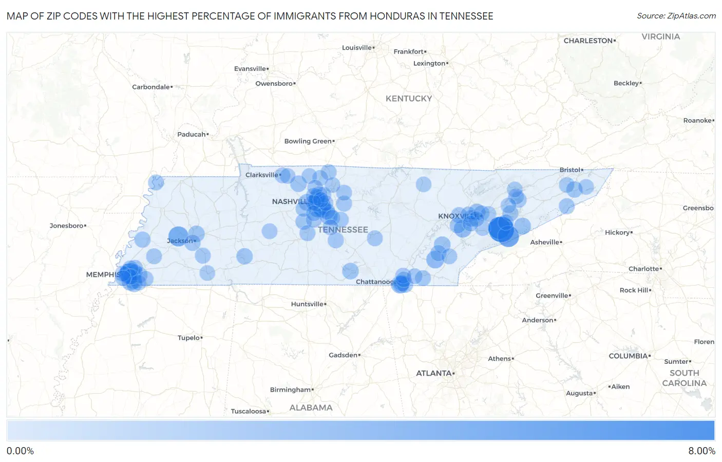 Zip Codes with the Highest Percentage of Immigrants from Honduras in Tennessee Map