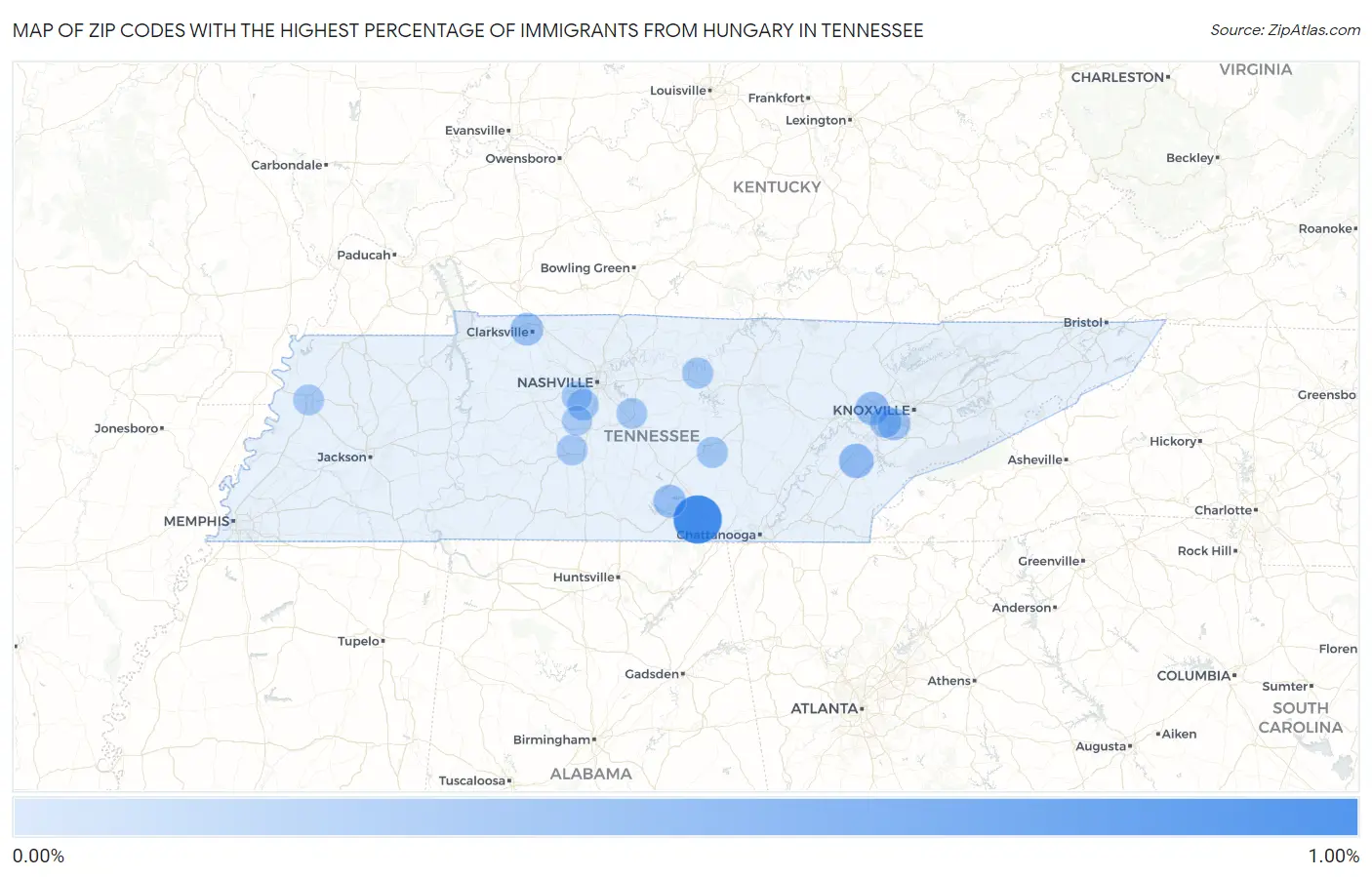 Zip Codes with the Highest Percentage of Immigrants from Hungary in Tennessee Map