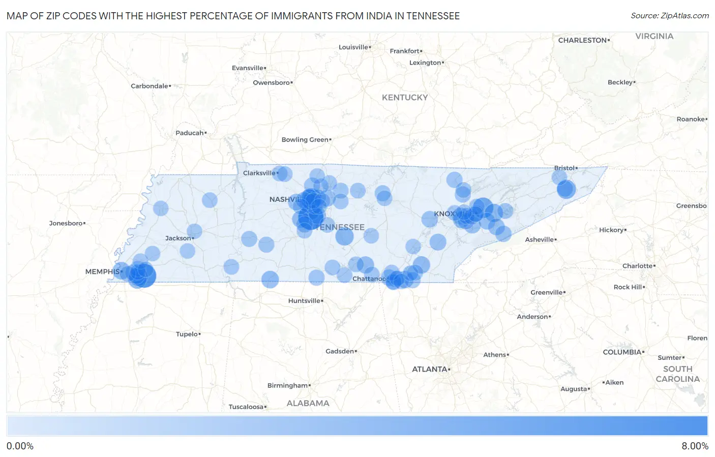 Zip Codes with the Highest Percentage of Immigrants from India in Tennessee Map