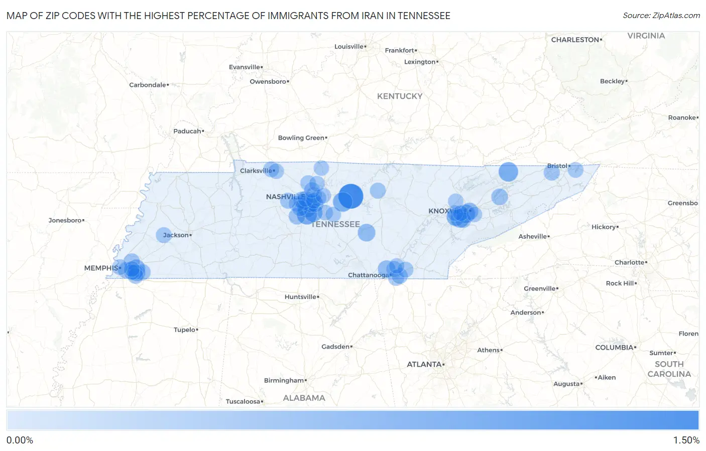 Zip Codes with the Highest Percentage of Immigrants from Iran in Tennessee Map