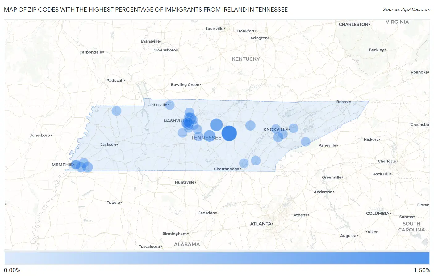 Zip Codes with the Highest Percentage of Immigrants from Ireland in Tennessee Map