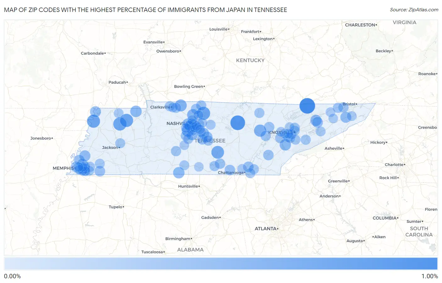 Zip Codes with the Highest Percentage of Immigrants from Japan in Tennessee Map