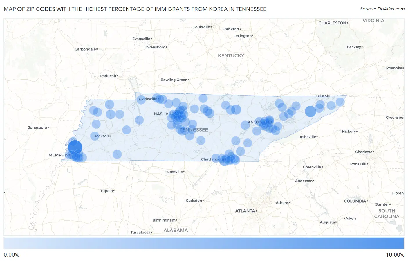 Zip Codes with the Highest Percentage of Immigrants from Korea in Tennessee Map
