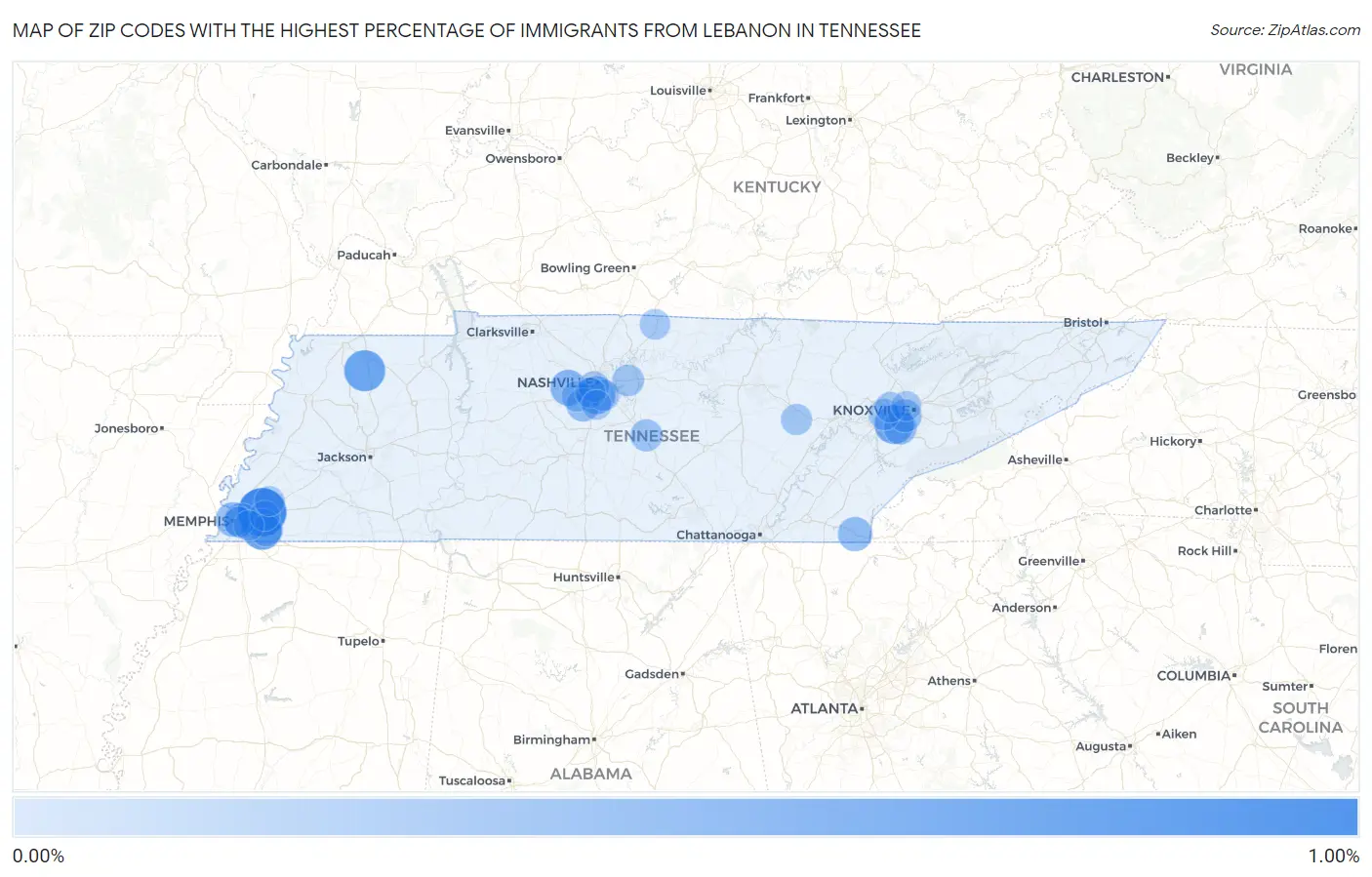 Zip Codes with the Highest Percentage of Immigrants from Lebanon in Tennessee Map