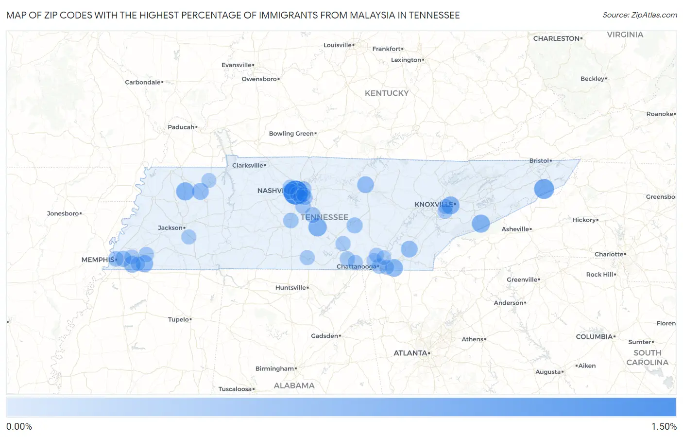 Zip Codes with the Highest Percentage of Immigrants from Malaysia in Tennessee Map