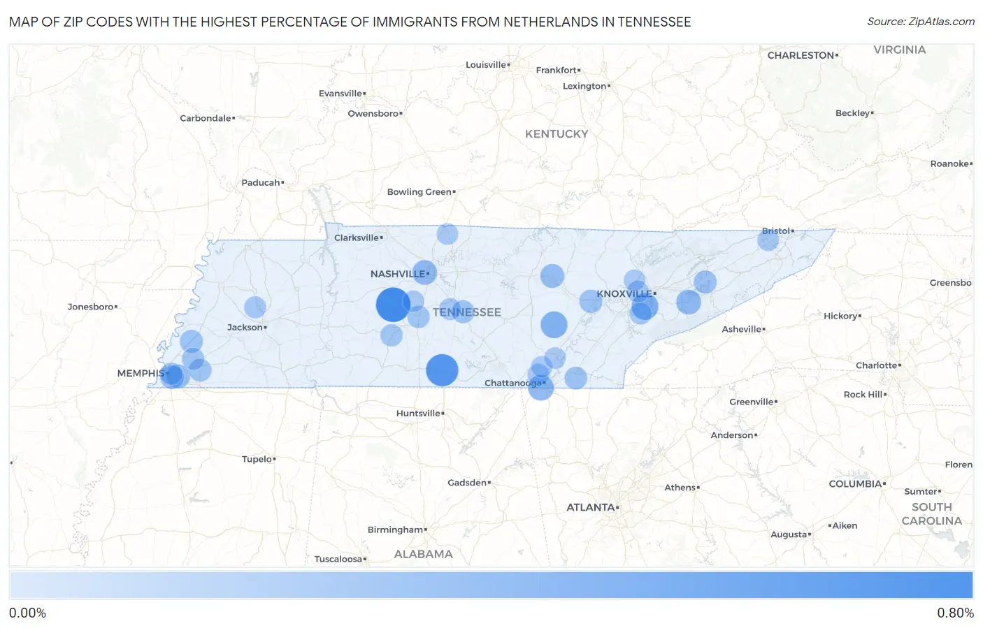 Zip Codes with the Highest Percentage of Immigrants from Netherlands in Tennessee Map