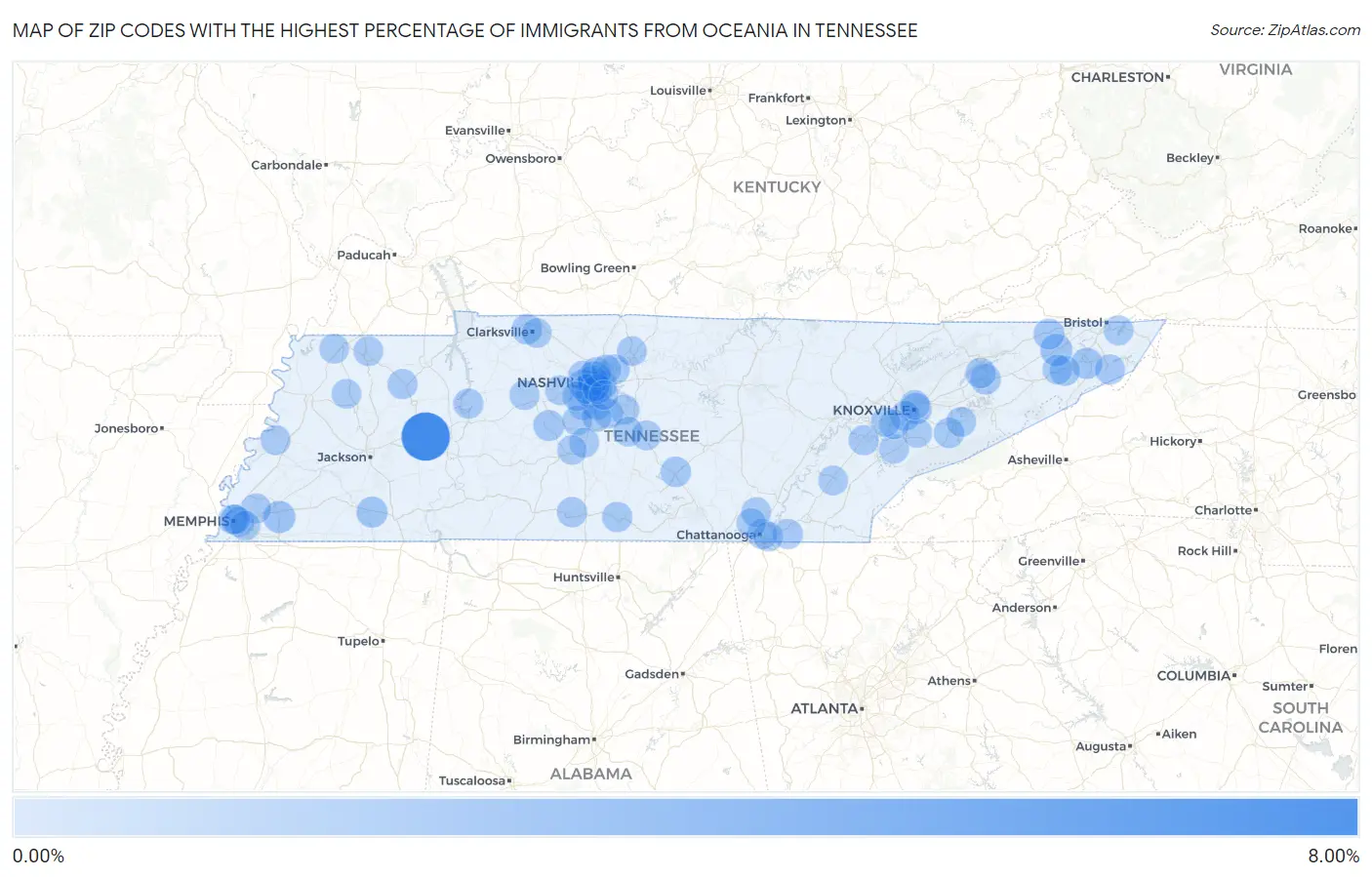 Zip Codes with the Highest Percentage of Immigrants from Oceania in Tennessee Map