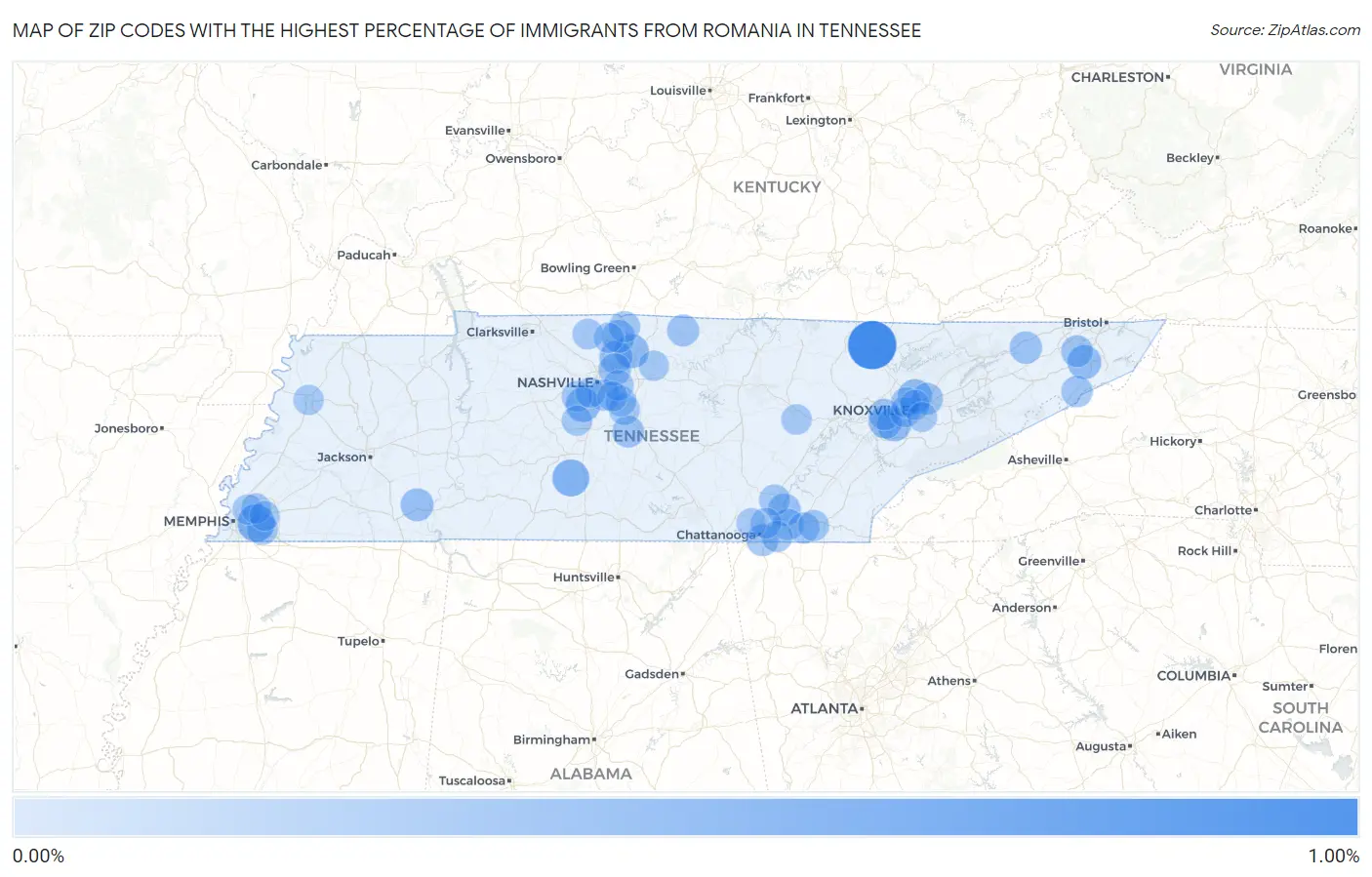 Zip Codes with the Highest Percentage of Immigrants from Romania in Tennessee Map