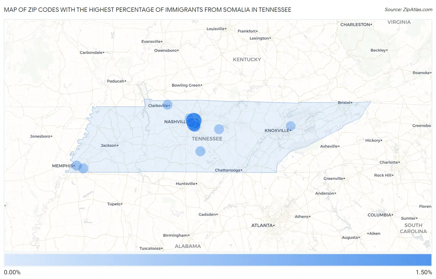 Zip Codes with the Highest Percentage of Immigrants from Somalia in Tennessee Map