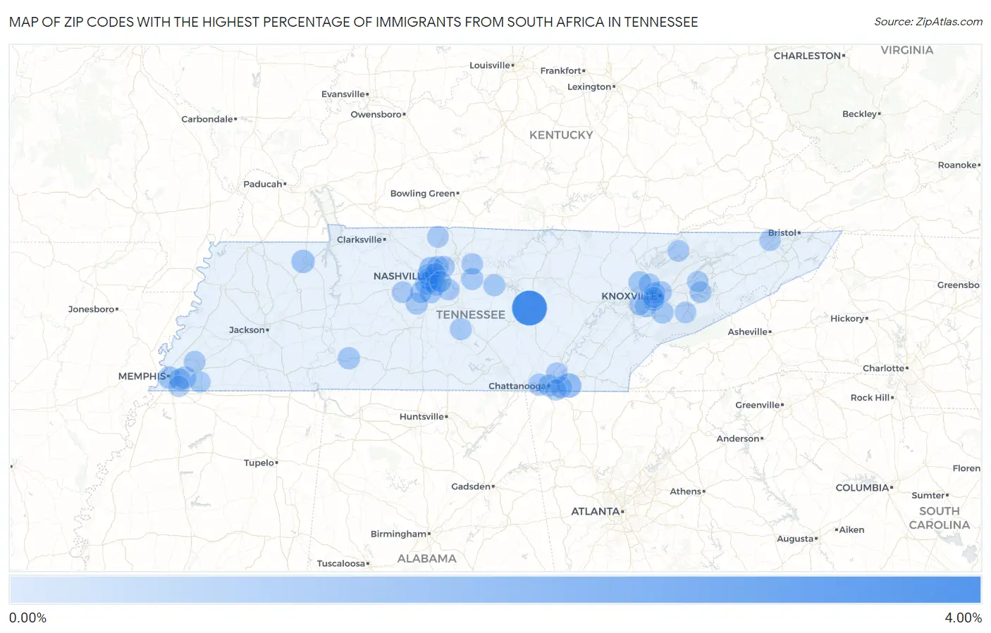 Zip Codes with the Highest Percentage of Immigrants from South Africa in Tennessee Map