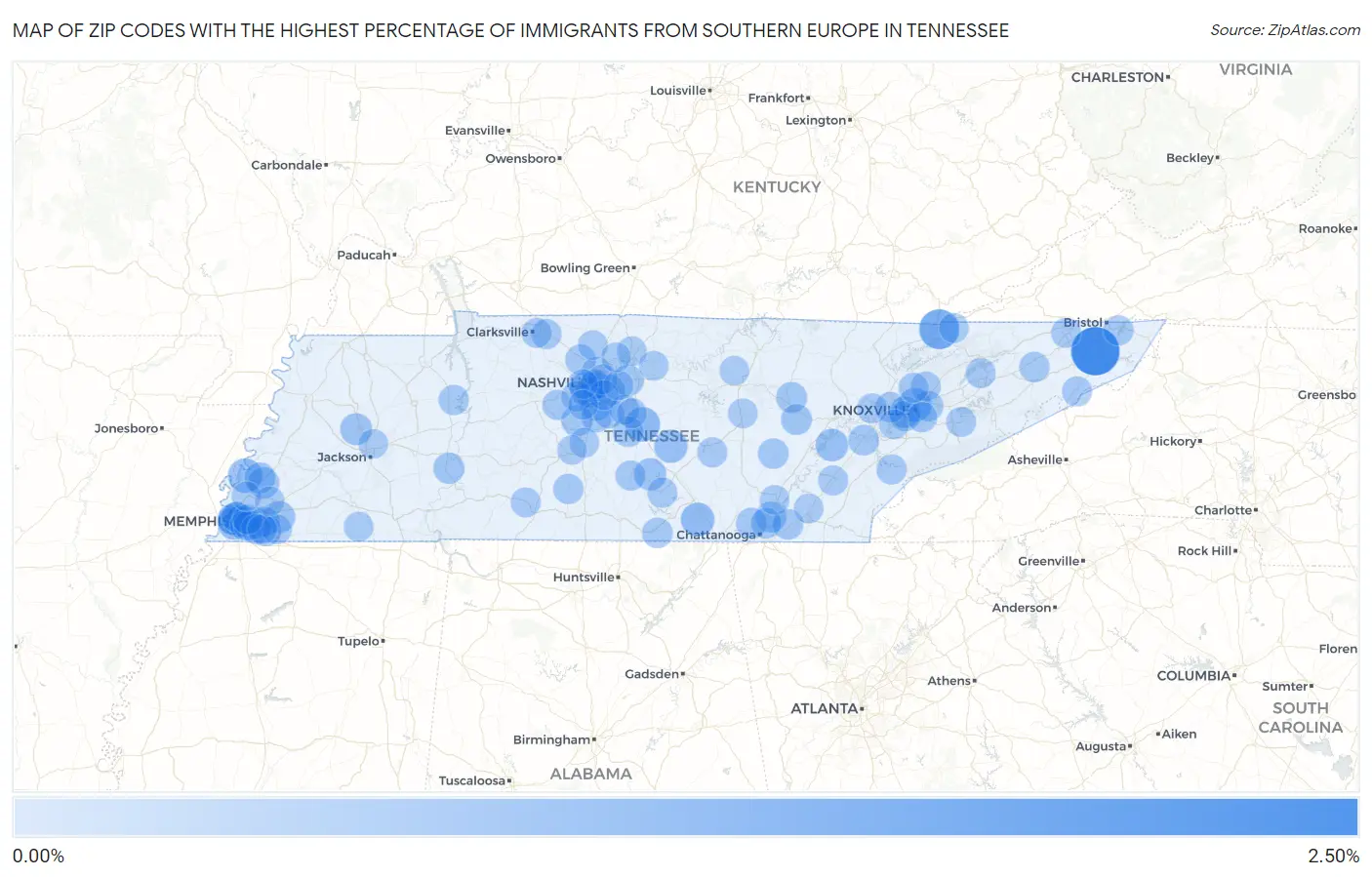 Zip Codes with the Highest Percentage of Immigrants from Southern Europe in Tennessee Map