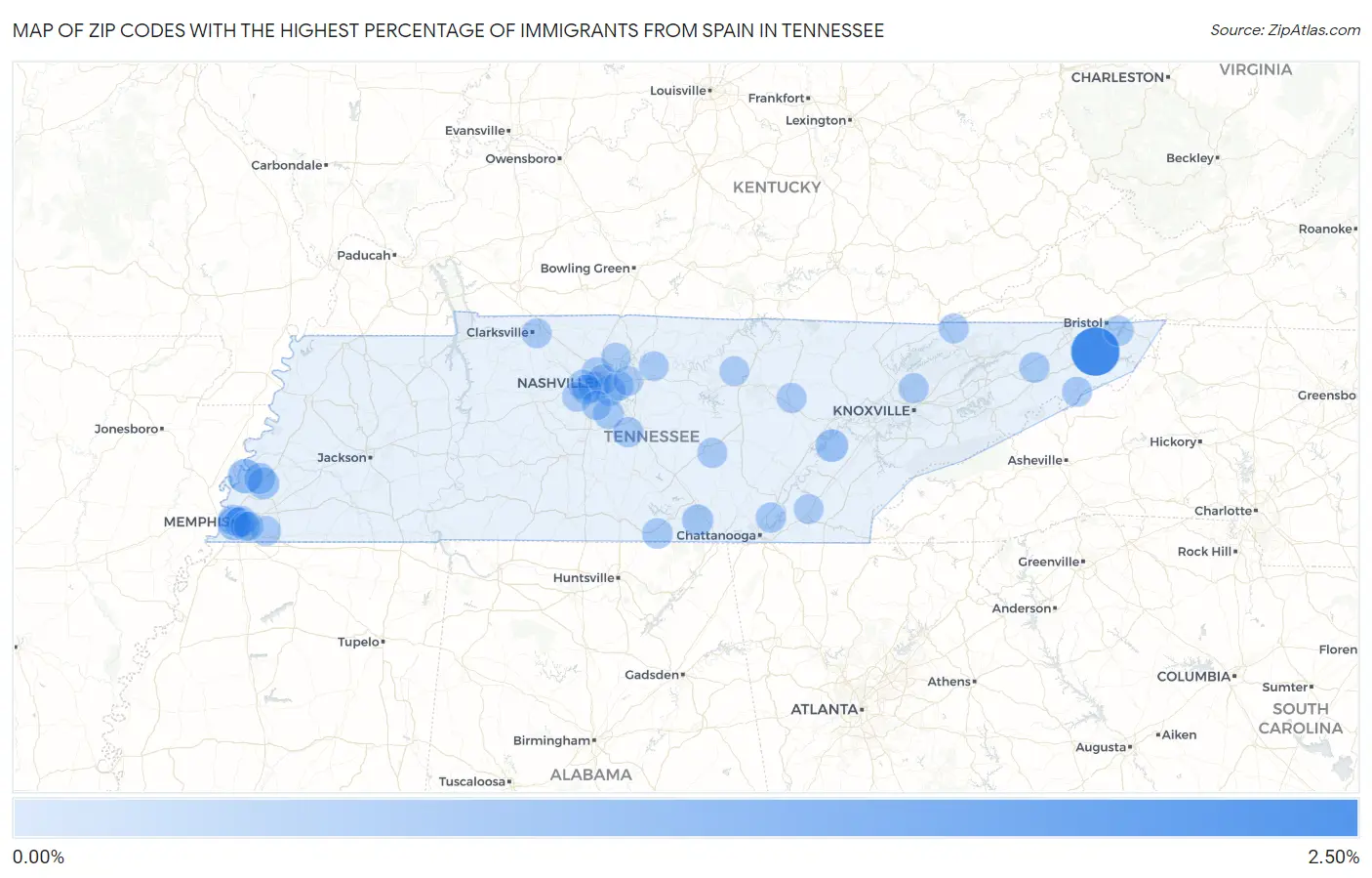 Zip Codes with the Highest Percentage of Immigrants from Spain in Tennessee Map
