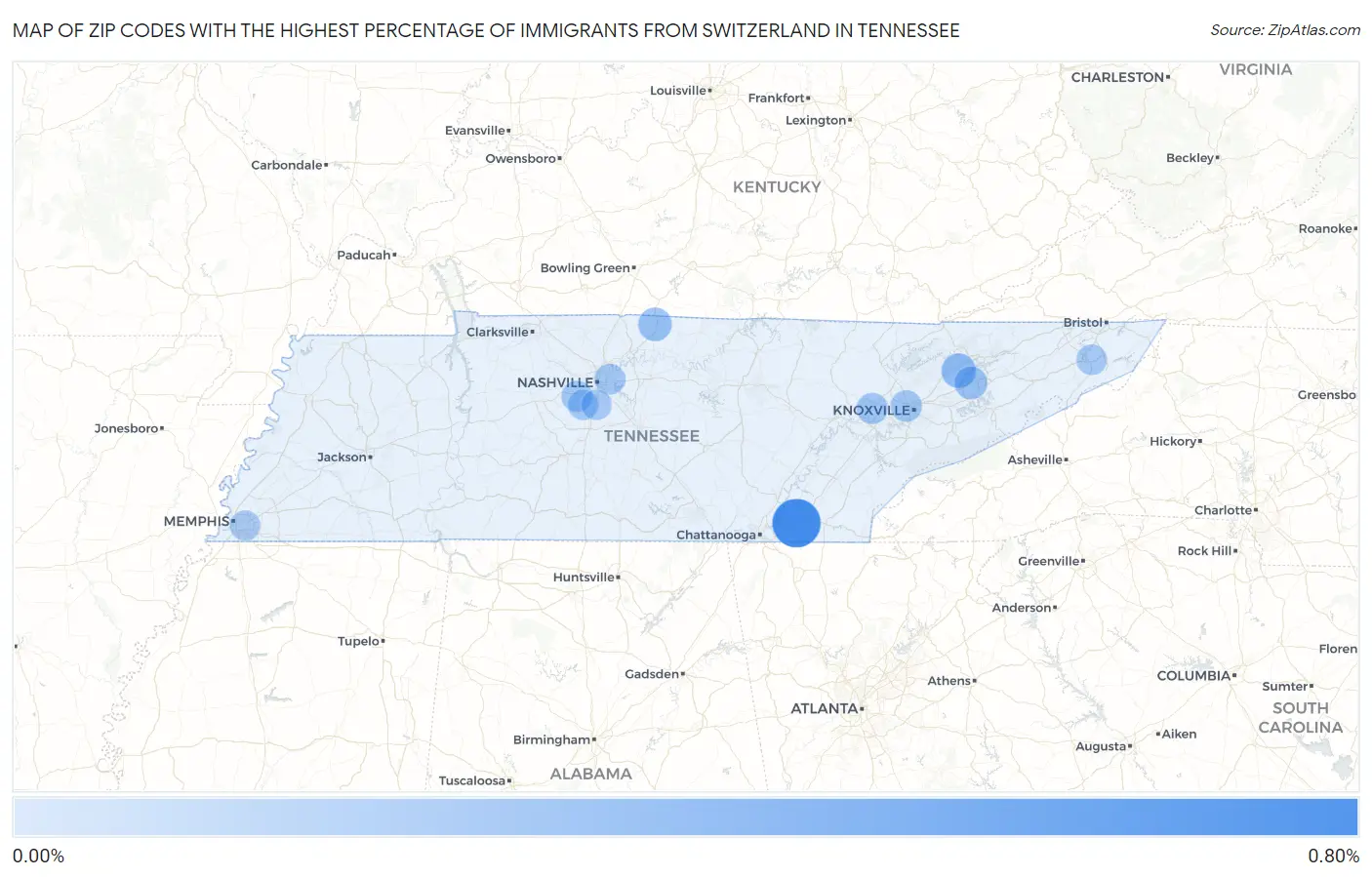 Zip Codes with the Highest Percentage of Immigrants from Switzerland in Tennessee Map